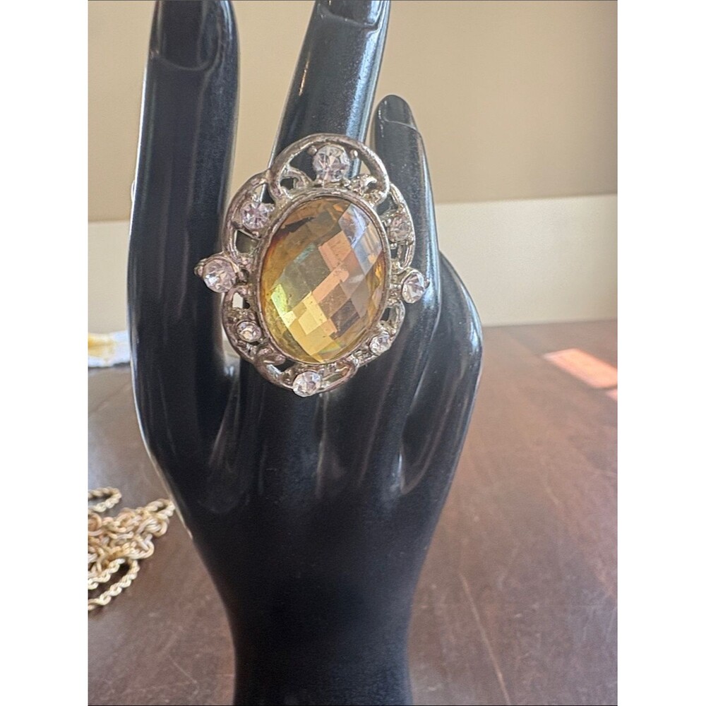 Oval Faceted yellow Statement Ring with rhinestone